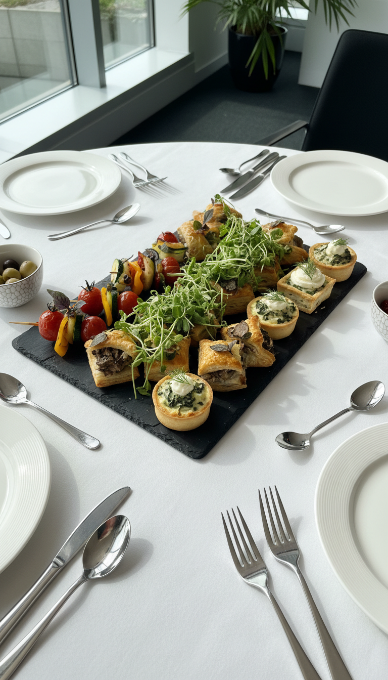 A beautifully arranged platter of assorted gourmet canapés, featuring vibrantly colored roasted vegetables, delicate puff pastry parcels, and mini quiches, each meticulously garnished with fresh microgreens. The platter is set atop a crisp white linen tablecloth with elegant silver cutlery and minimalist porcelain serving ware arranged in a structured, symmetrical layout. Soft, diffused daylight streams in from the side, creating gentle highlights on the glossy ceramic and subtle, clean shadows under the tableware. The mood is professional and inviting, exuding a sense of refined celebration. Photographed from a slightly elevated angle with sharp focus throughout, the composition is balanced and uncluttered, perfect for showcasing high-end catering in a clean, corporate style.